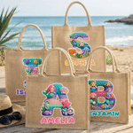 Gepersonaliseerd garen oceaan ontwerp grote jute boodschappentas met naam en initiaal reisaccessoire strandfeest verjaardagscadeau voor kinderen