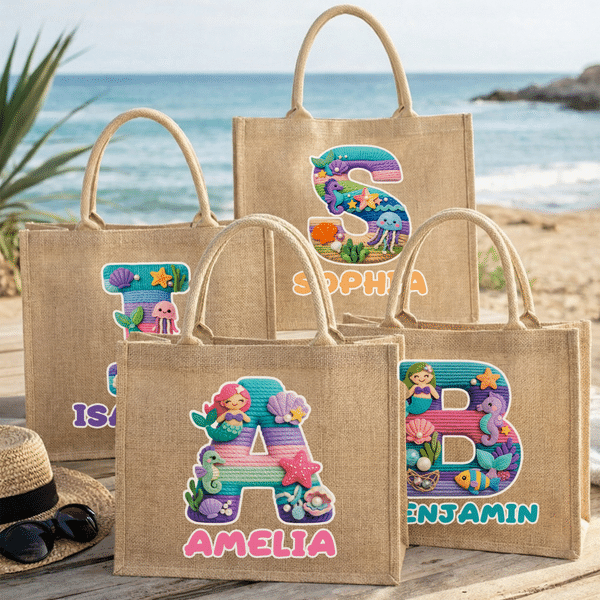 Gepersonaliseerd garen oceaan ontwerp grote jute boodschappentas met naam en initiaal reisaccessoire strandfeest verjaardagscadeau voor kinderen