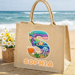 Gepersonaliseerd garen oceaan ontwerp grote jute boodschappentas met naam en initiaal reisaccessoire strandfeest verjaardagscadeau voor kinderen