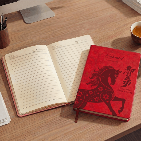 Personlig Auspicious Word Horse Kinesisk stil A5 PU läder Resejournal Anteckningsbok med namn Daglig användning Affärsgåva för kollega Student Vän