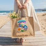 Gepersonaliseerd garen oceaan ontwerp grote jute boodschappentas met naam en initiaal reisaccessoire strandfeest verjaardagscadeau voor kinderen