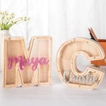 Gepersonaliseerd Houten Spaarpot in Lettervorm met Transparant Venster en Naam Kerst- en Verjaardagscadeau Educatief Cadeau voor Kinderen