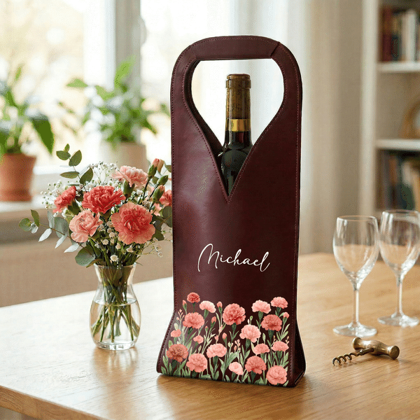 Personalisierte Aquarell Geburt Blume PU Leder Weintasche mit Namen und Handle schützende Wein Zubehör Abendessen Party Geschenk für Weinliebhaberin