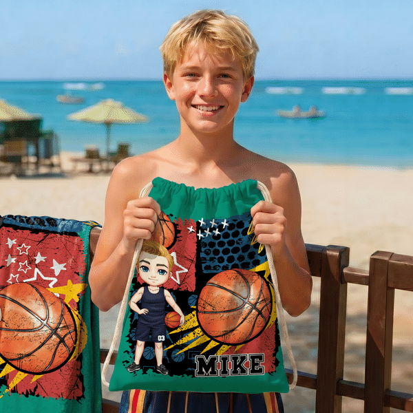 Personalised Cartoon Character Drawstring Storage Bag with Name and Number Beach Party Birthday Gift for Basketball Lover Friends