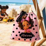Personalized Polka Dots Cute Cartoon Little Girl 2 in 1 Foldable Quick Dry Beach Towel & Bag with Name Travel Birthday Gift for Black Girls