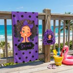 Personalized Polka Dots Cute Cartoon Little Girl 2 in 1 Foldable Quick Dry Beach Towel & Bag with Name Travel Birthday Gift for Black Girls