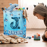 Panier de rangement Oxford personnalisé avec nom et initiales pour requins Décoration de chambre Utilisation quotidienne Anniversaire Cadeau de fête d'enfants pour garçons