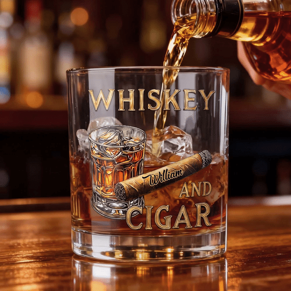 Gepersonaliseerde Cigar 10 oz Rock Whiskey Glas met Naam Vaderdag Verjaardagscadeau voor Man Whiskey Lover Sigaar Rokende Liefhebber