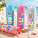 Gobelet personnalisé multicolore avec paille et nom Fête de plage Vacances d'été Cadeau d'anniversaire pour ami(e) Famille Petite amie