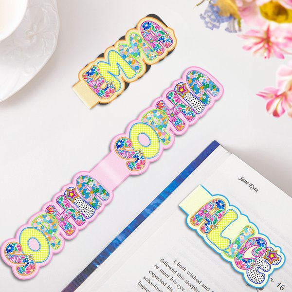 Gepersonaliseerde Bright Bloemen Doodle Naam Magnetische Bladwijzer Clips met Kaart Verjaardag Terug naar School Gift voor Boekenliefhebbers Lezers