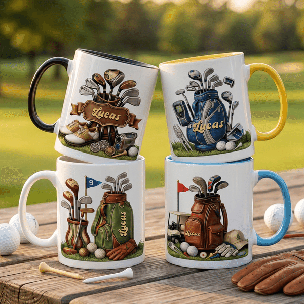 Personalisierte Vintage Golf Muster 11oz/15oz Keramikbecher mit Griff und Name täglichen Gebrauch zu Hause Vatertag Geschenk für Golfliebhaber