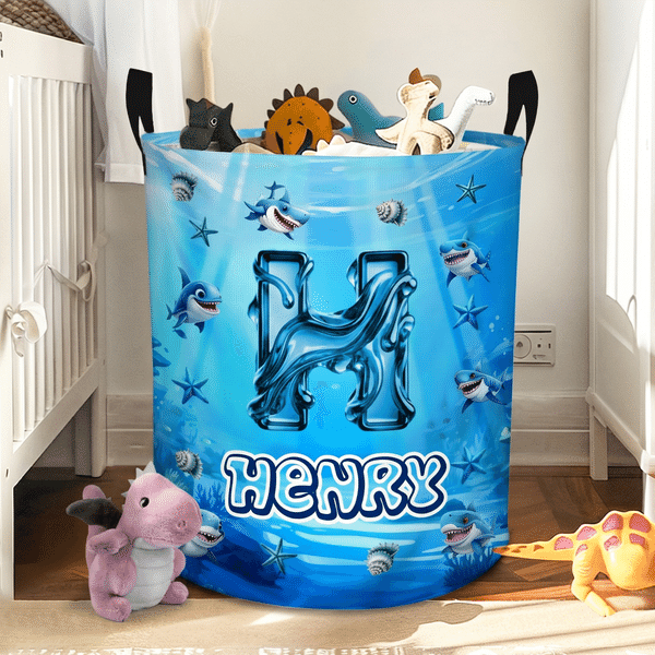 Personalised Shark Ocean Themed Oxford Storage Basket with Name and Initial Room Decor Daily Use Birthday Children's Day Gift for Boys