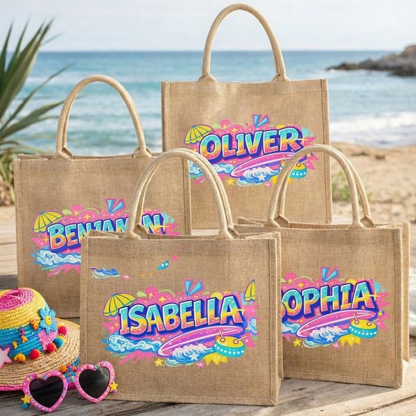 Personalised Sea Wave Surfboard Colourful Name Design Large Jute Tote Bag Daily Use Travel Beach Vacation Gift for Women Girls