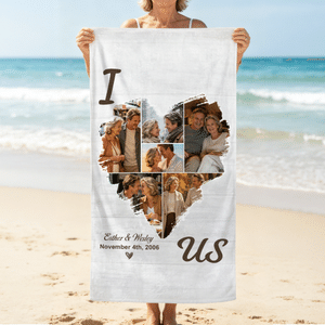 Asciugamano da spiaggia personalizzato con 6 foto, collage di cuori, asciugatura rapida, morbido e sovradimensionato con nomi e data, regalo di compleanno per una coppia e una famiglia.