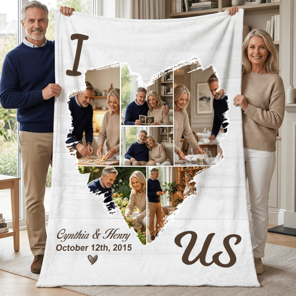Personalized 6 Photos Heart Soft Throw Blanket with Names and Date Sofa Room Decor Father's Day Anniversary Gift for Dad Mom Couple