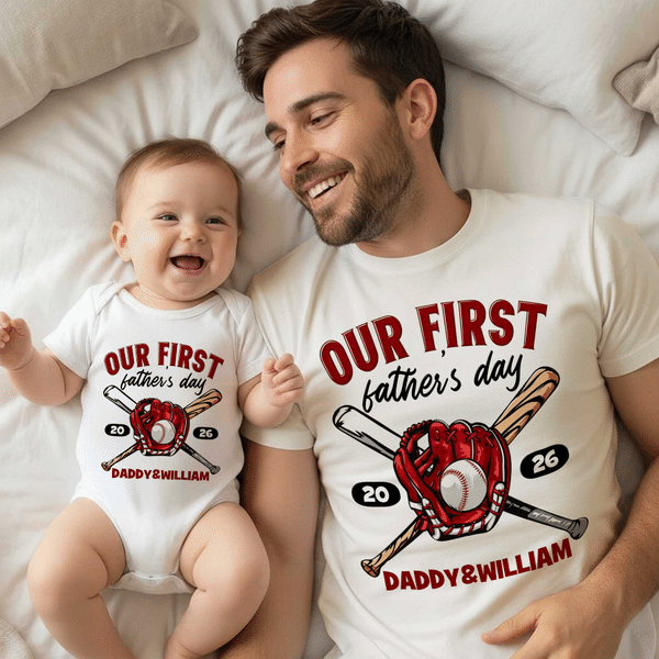 Personalized Our First Father's Day 100% Cotton Baby Bodysuit T-shirt Matching Outfit with Name and Year First Father's Day Gift for Dad Baby