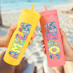 Gobelet personnalisé multicolore avec paille et nom Fête de plage Vacances d'été Cadeau d'anniversaire pour ami(e) Famille Petite amie