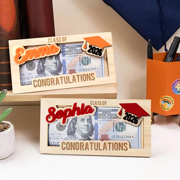 Porte-monnaie en bois personnalisé avec nom en 3D et année Cadeau de fin d'études pour les diplômés