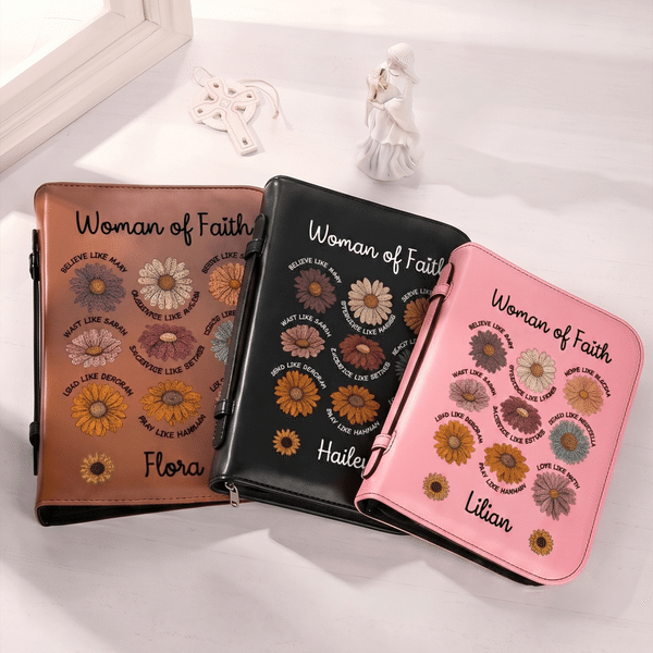 Personalisierte Frau des Glaubens Bibel Verse Blume PU Leder Bibel Buchdeckel mit Namen Reißverschluss und Griff Taufe religiösen Geburtstag Geschenk für Christen