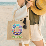 Gepersonaliseerd garen oceaan ontwerp grote jute boodschappentas met naam en initiaal reisaccessoire strandfeest verjaardagscadeau voor kinderen
