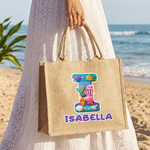 Gepersonaliseerd garen oceaan ontwerp grote jute boodschappentas met naam en initiaal reisaccessoire strandfeest verjaardagscadeau voor kinderen