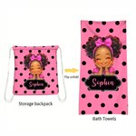 Personalized Polka Dots Cute Cartoon Little Girl 2 in 1 Foldable Quick Dry Beach Towel & Bag with Name Travel Birthday Gift for Black Girls