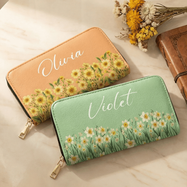 Personalisierte Geburt Blume PU Leder Damen Geldbörse mit Namen Muttertag Geburtstag Geschenk für Frauen