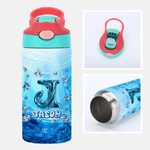 Personalized Shark Ocean 12 oz Water Bottle with Name and Initial Daily Drinking Birthday Gift for Boy Girl