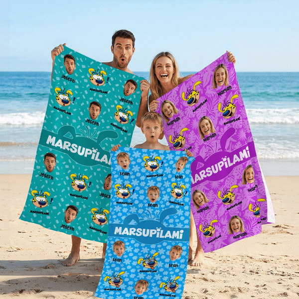 Personalized 1-6 Face Photos Cute Marsupilami Face Expression Quick Dry Beach Towel with Name Birthday Gift for Kid Family | Callie × Marsupilami®