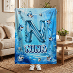 Coperta personalizzata Ocean Shark con nome e iniziali, decorazione per la casa, uso quotidiano, regalo di compleanno per bambini.