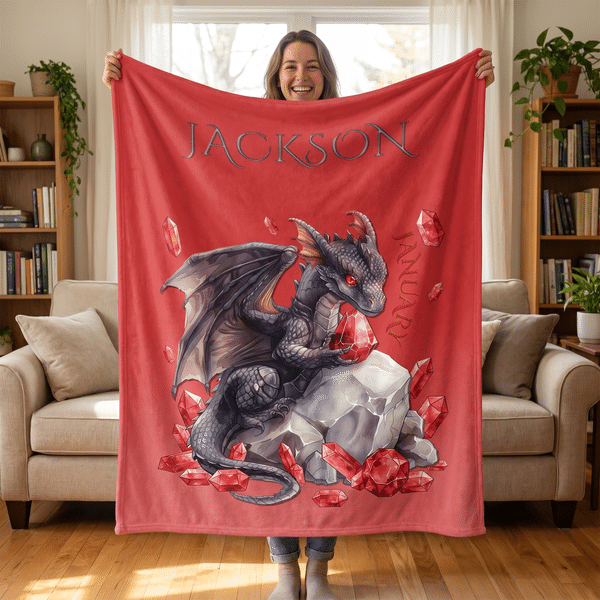 Personalized Dragon Birthstone Soft Throw Blanket with Name Home Decor Birthday Party Gift for Dragon Lovers Friends