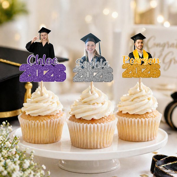 Personalized Multi-Colour Photo Cupcake Topper with Name and Year Cake Decoration Graduation Gift for Graduate Friend