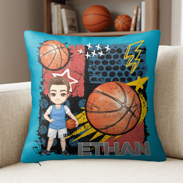 Personalized Cartoon Basketball Character Graffiti Design Soft Throw Pillow Cover with Name Home Decor Game Day Team Gift for Basketball Player Lover