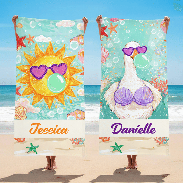 Personalised Raccoon Goose Summer Vibes Quick Dry Beach Towel with Name Outdoor Beach Party Essential Birthday Gift for Best Friend Mom Sister