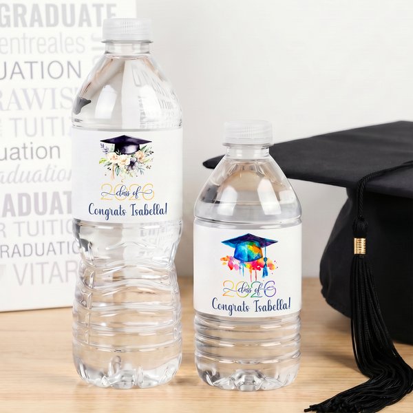 Personalized Floral Watercolor Graduation Cap Water Bottle Label Sticker with Name and Year Party Decor Graduation Ceremony Gift for Graduates