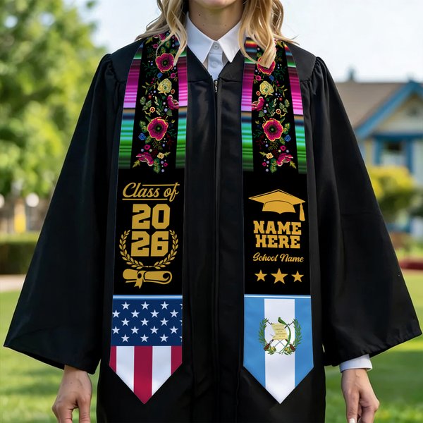 Personalised Guatemala USA Double Flag Graduation Stole with Name School Name and Year Graduation Gift for Class of 2026 Graduates
