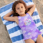 Personalized Cartoon Mermaid Scales One-Piece Swimsuit with Initial and Name Swim Sandbeach Essentials Summer Vocation Birthday Gift for Girls