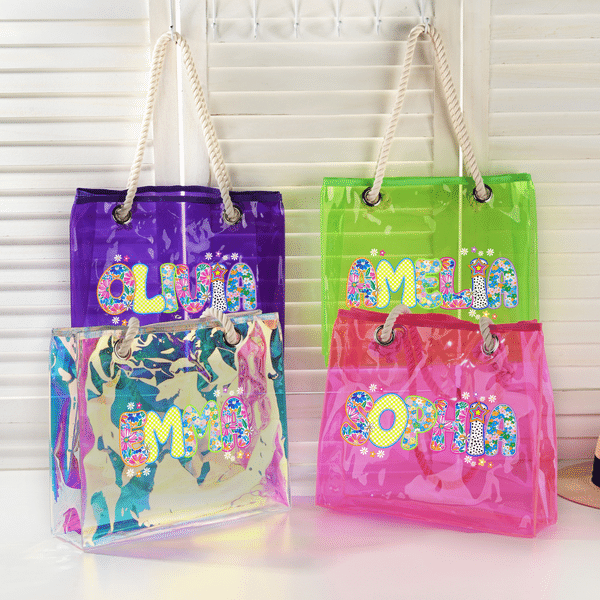 Personalised Holographic Neon Flower Transparent Tote Bag with Name Mother's Day Party Gift for Moms Besties