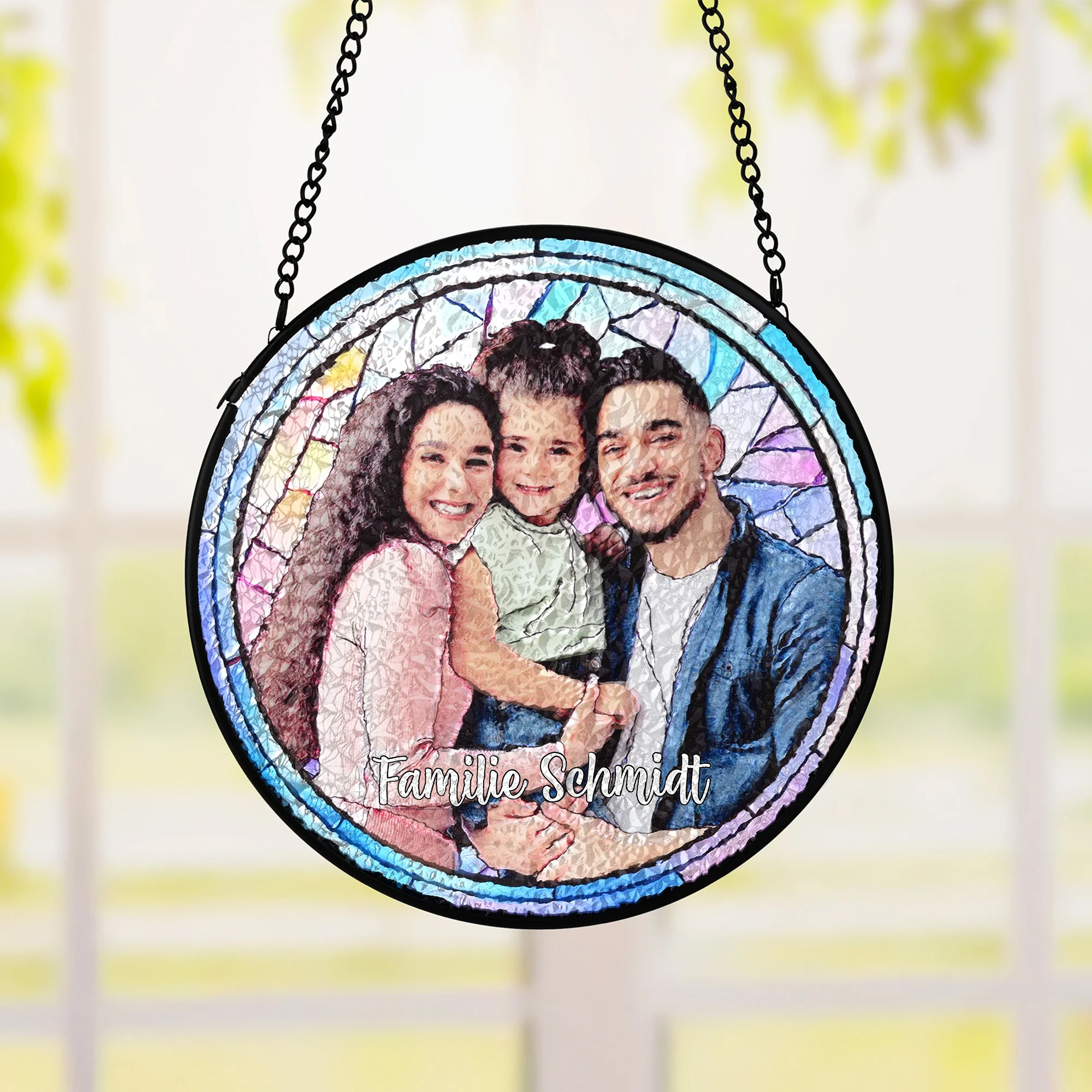 Personalisierter Sonnenfänger im Buntglas-Stil | mit Familienfoto und Text | Fensterdeko | Geburtstag Geschenk für Mama Oma