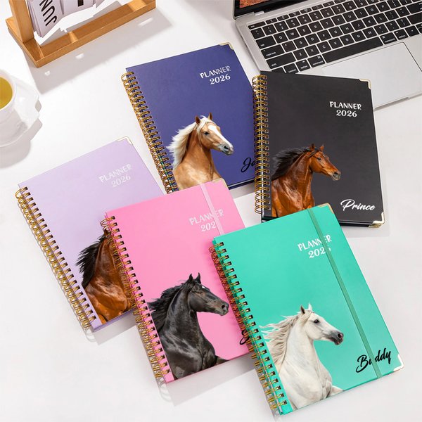 Planner personalizzato con foto di cavalli 2026 Taccuino a spirale A5 con nome e pagine di pianificazione mensile settimanale Regalo di compleanno per gli amanti dei cavalli