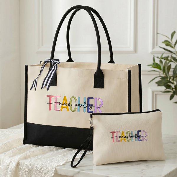 Personalised Muticolor Embroidered Teacher Large Tote Bag Portable Makeup Bag with Name Teacher's Day Back To School Birthday Gift for Teachers