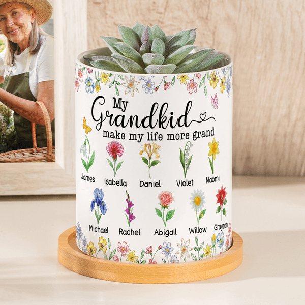 Personalized Crystal-Style Birth Flower Ceramic Planter Pot with Name and Bamboo Tray Home Decor Mother's Day Gift for Mom Grandma