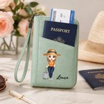 Portapassaporto portatile personalizzato in pelle PU con cinturino, personaggio e nome personalizzati, regalo di compleanno per gli amanti dei viaggi