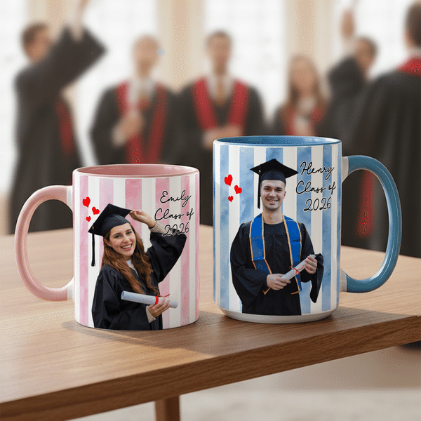 Personalized Striped Graduation Photo 11 oz / 15 oz Ceramic Mug with Name and Handle Graduation Party Anniversary Gift for Graduates