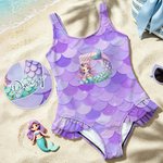 Personligt tecknad sjöjungfrufjäll Baddräkt i ett stycke med initialer och namn Simma Sandbeach Essentials Sommarjobb Födelsedagspresent för flickor