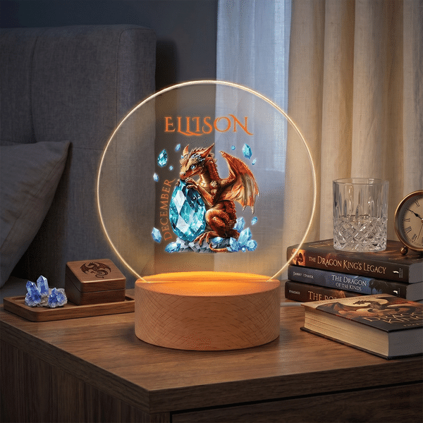 Personalized Dragon Birthstone Acrylic LED Night Light with Wooden Base and Name Nursery Decor Baby Shower Birthday Gift for Kids