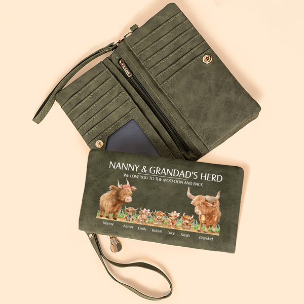 Personalized Highland Cow Family PU Leather Tri-Fold Wallet with Wrist Strap Title and Name Mother's Day Gift for Mom Grandmother