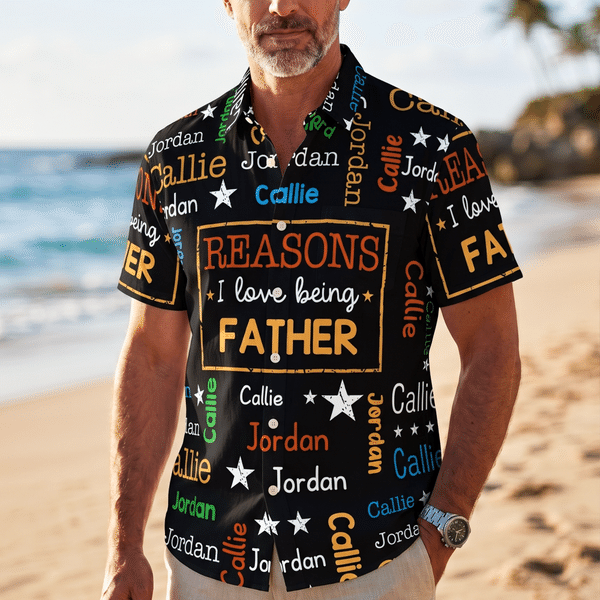 Personalised Multicolour Word Cloud Hawaiian Shirt with 1-8 Names and Title Birthday Father's Day Gift for Father Family Friend