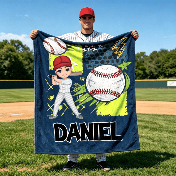 Personalized Multicolour Cartoon Character Baseball Softball Soft Throw Blanket with Name Home Decor Team Birthday Gift for Baseball Softball Lover