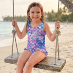 Personalized Cartoon Mermaid Scales One-Piece Swimsuit with Initial and Name Swim Sandbeach Essentials Summer Vocation Birthday Gift for Girls